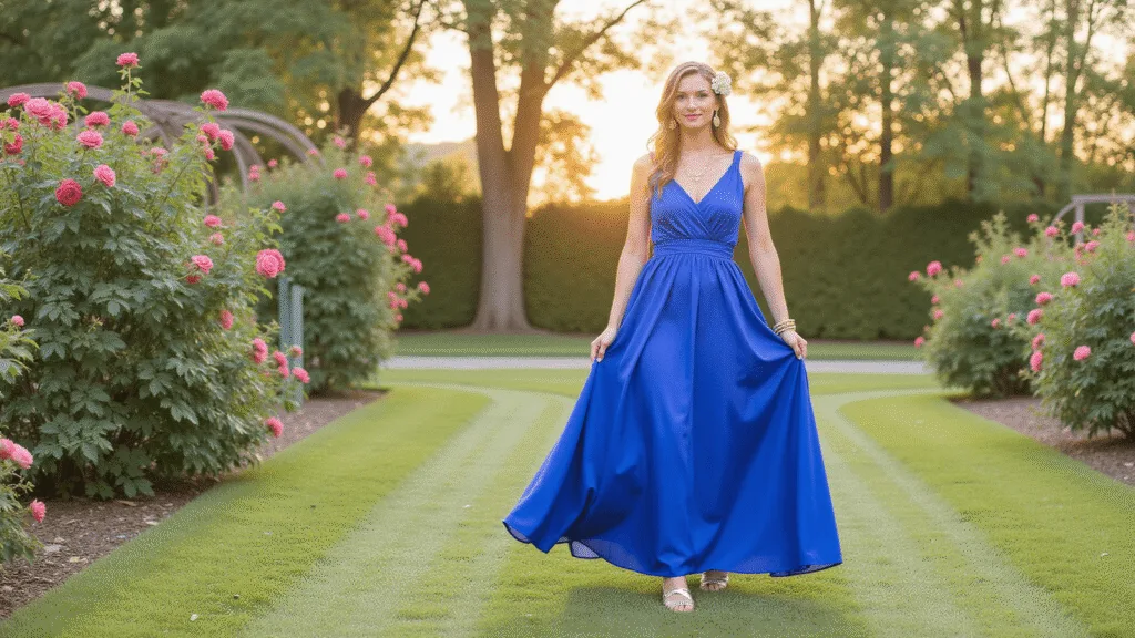 Model in an electric blue silk maxi dress poses in a garden at sunset, surrounded by blooming roses, with flowing fabric and soft warm lighting.