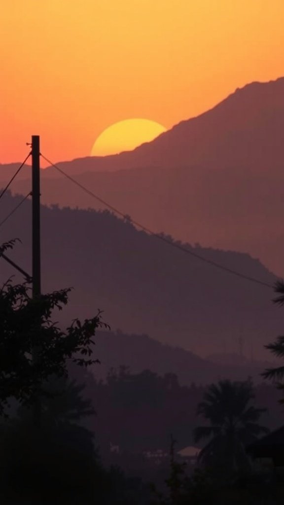A beautiful sunset with a gradient of orange and pink hues behind silhouettes of mountains and trees.