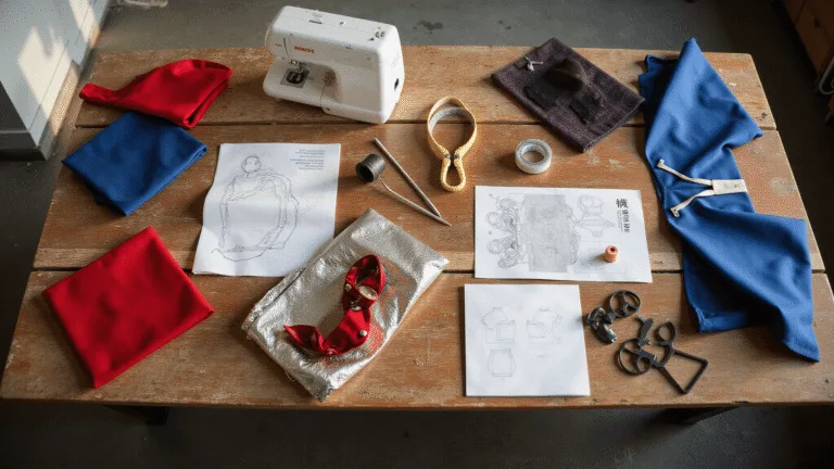 A bright, organized crafting workspace with a wooden table displaying vibrant fabric swatches, metallic materials, and partially made superhero costume pieces, illuminated by natural sunlight.
