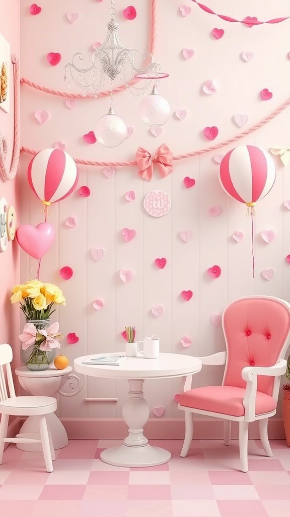 A cozy corner featuring coquette wallpaper with pink and white colors, balloons, heart decorations, and a small table with flowers.