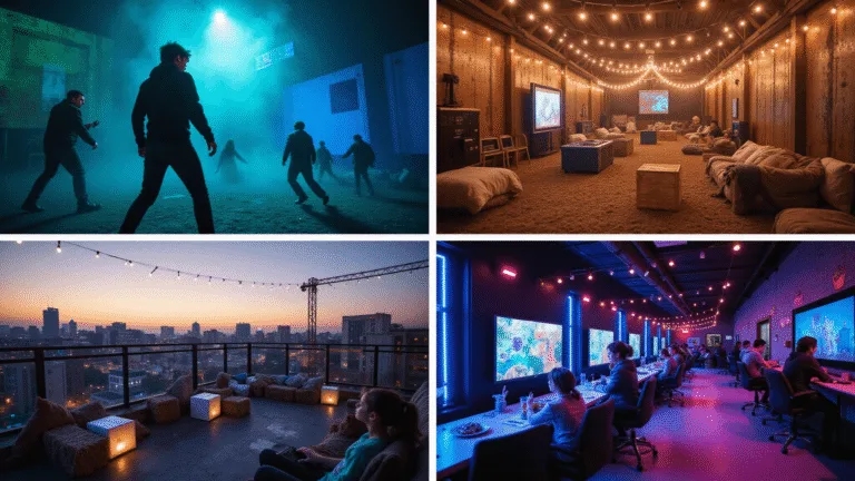 A visually stunning split-screen collage of four vibrant teen party scenarios: a neon-lit laser tag arena, a rustic barn outdoor movie theatre, a sleek rooftop art studio at night, and a modern gaming paradise, all showcasing dynamic atmospheres and engaging activities in ultra-high definition.