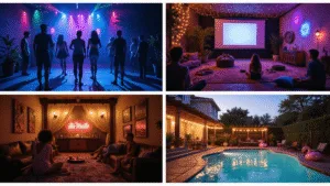 A cinematic collage of four vibrant teen party scenes: a glow-in-the-dark dance party, an intimate backyard movie night, a mysterious escape room, and a dreamy poolside celebration, all showcasing dramatic lighting and lively atmospheres in ultra HD quality.
