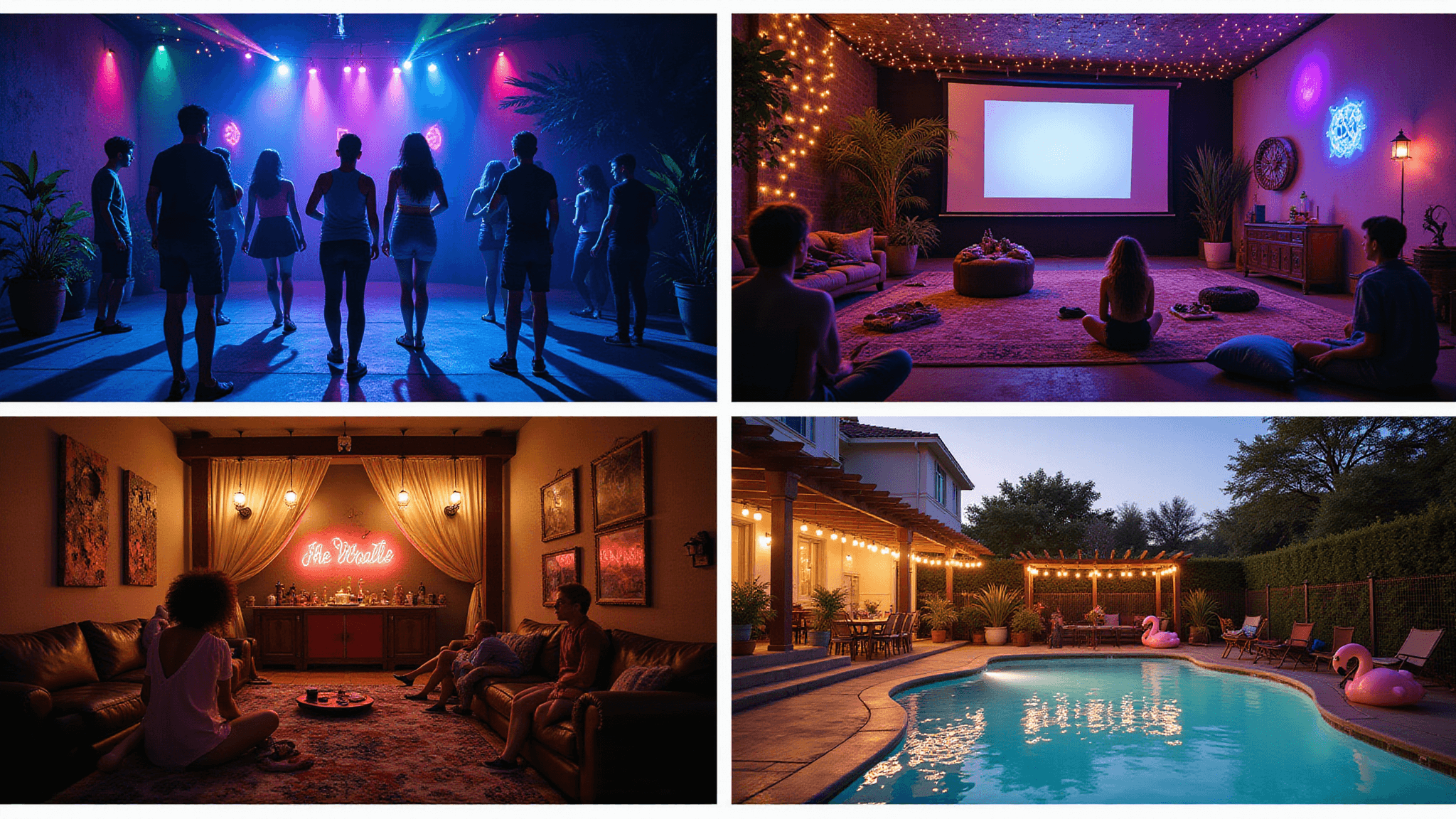 A cinematic collage of four vibrant teen party scenes: a glow-in-the-dark dance party, an intimate backyard movie night, a mysterious escape room, and a dreamy poolside celebration, all showcasing dramatic lighting and lively atmospheres in ultra HD quality.