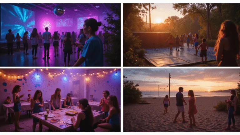 A vibrant cinematic collage showcasing four lively scenes from a teen's 14th birthday party: a disco scene with neon lights and dancing, an outdoor adventure with obstacle courses, an art studio with teens crafting pottery, and a beach sunset party with tiki torches and games, all highlighted with rich colors and dramatic lighting.