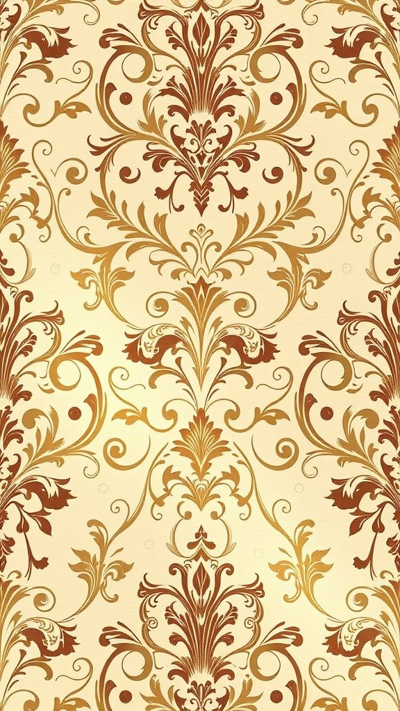 An elegant damask wallpaper design featuring intricate floral patterns in gold and amber tones.