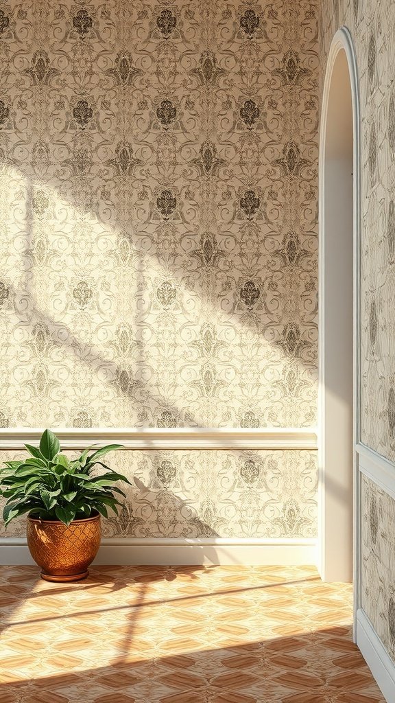 A room featuring coquette wallpaper with a trellis design, complemented by a potted plant and wooden flooring.