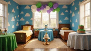 Photorealistic portrayal of a colorful birthday party setup inspired by Andy's room from Toy Story, featuring cloud wallpaper, vibrant balloon garlands, Toy Story figurine centerpieces, a wooden toy chest, a star-patterned bed, and a decorative three-tier cake, bathed in natural sunlight and warm ambient lighting.