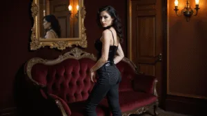 A dark-haired woman in a black corset and dark jeans poses in a lavish Victorian boudoir, framed by a gilded mirror. The room is adorned with burgundy velvet furnishings and antique decor, illuminated by soft golden hour light that highlights her curls and vintage jewelry, creating a luxurious, moody vampire aesthetic.