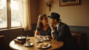 A romantic vintage café scene at golden hour featuring a young couple in 1950s attire, sharing an intimate moment at a wooden table with antique coffee cups and pastries, enhanced by warm sunlight and nostalgic decor.