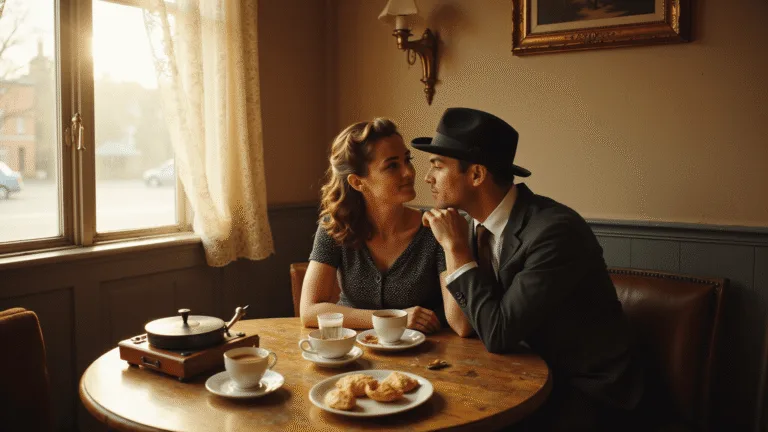 A romantic vintage café scene at golden hour featuring a young couple in 1950s attire, sharing an intimate moment at a wooden table with antique coffee cups and pastries, enhanced by warm sunlight and nostalgic decor.