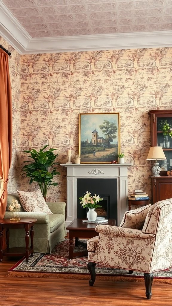 A cozy living room featuring vintage-inspired coquette wallpaper, elegant furniture, and decorative plants.