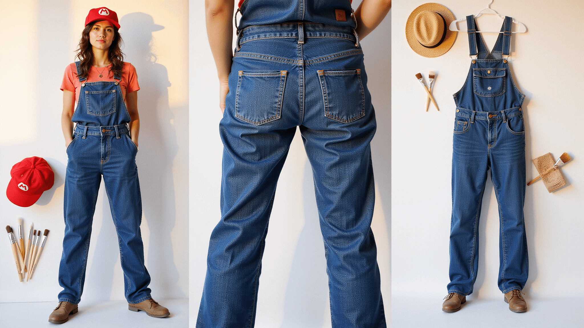 A flat lay of vintage denim overalls paired with a red Mario cap, paintbrushes, and a straw hat on a white background, illuminated by warm golden hour light, highlighting the texture of the denim.