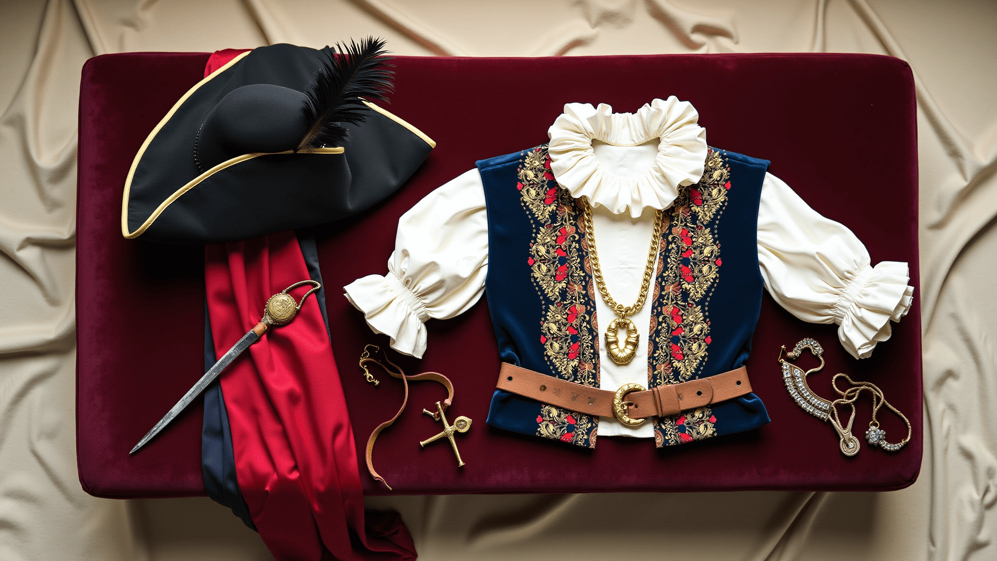 Overhead view of an elaborate vintage pirate costume displayed on a deep burgundy velvet ottoman, featuring a white ruffled blouse, ornate jewelry, leather belts, an embroidered navy vest, crimson scarves, and a black tricorn hat, all illuminated by soft natural light.