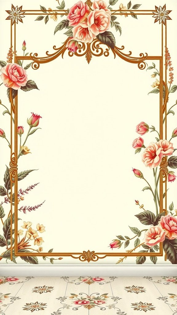 Vintage floral frame wallpaper design featuring roses and a golden border