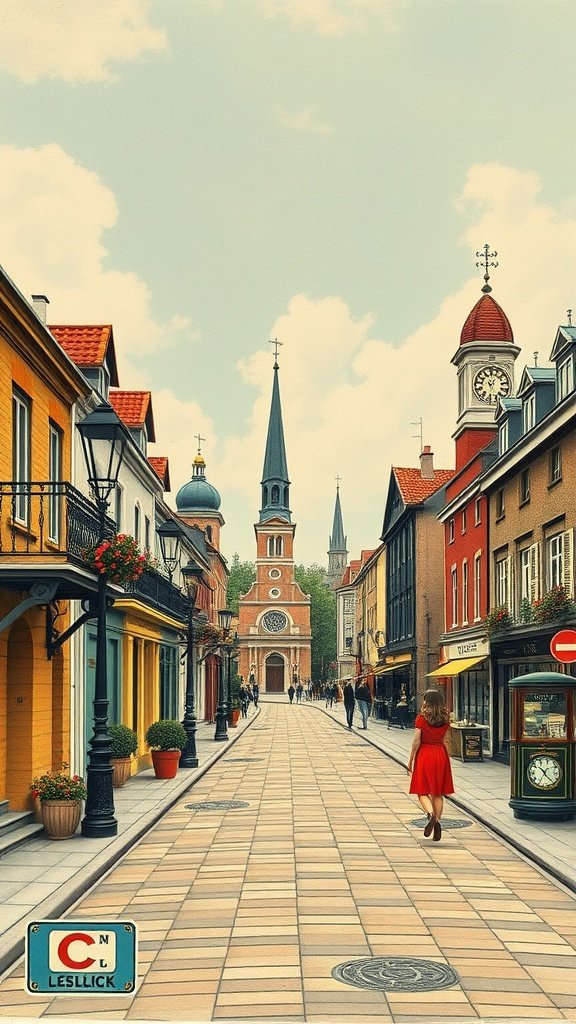 A picturesque street scene featuring colorful buildings, a church tower, and a woman in a red dress walking down the road.