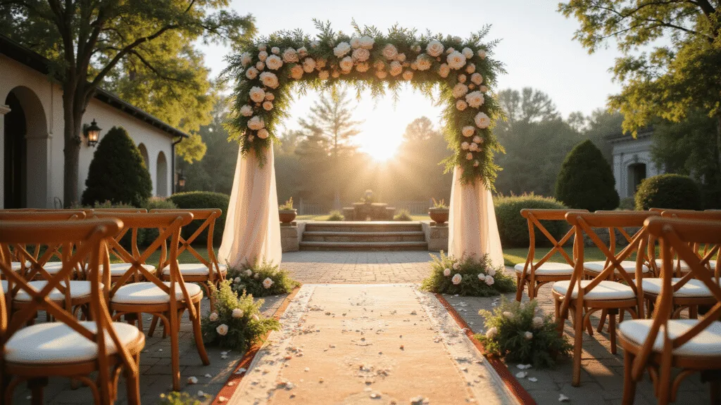 A beautifully arranged wedding altar scene during golden hour, featuring an ornate floral arch of ivory roses and blush peonies, surrounded by lush greenery. The area is adorned with a vintage Persian runner, rose petals, and wooden chairs with wildflower accents, all bathed in warm, magical sunlight filtering through the trees.