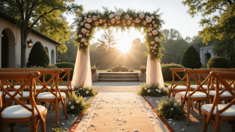 A beautifully arranged wedding altar scene during golden hour, featuring an ornate floral arch of ivory roses and blush peonies, surrounded by lush greenery. The area is adorned with a vintage Persian runner, rose petals, and wooden chairs with wildflower accents, all bathed in warm, magical sunlight filtering through the trees.