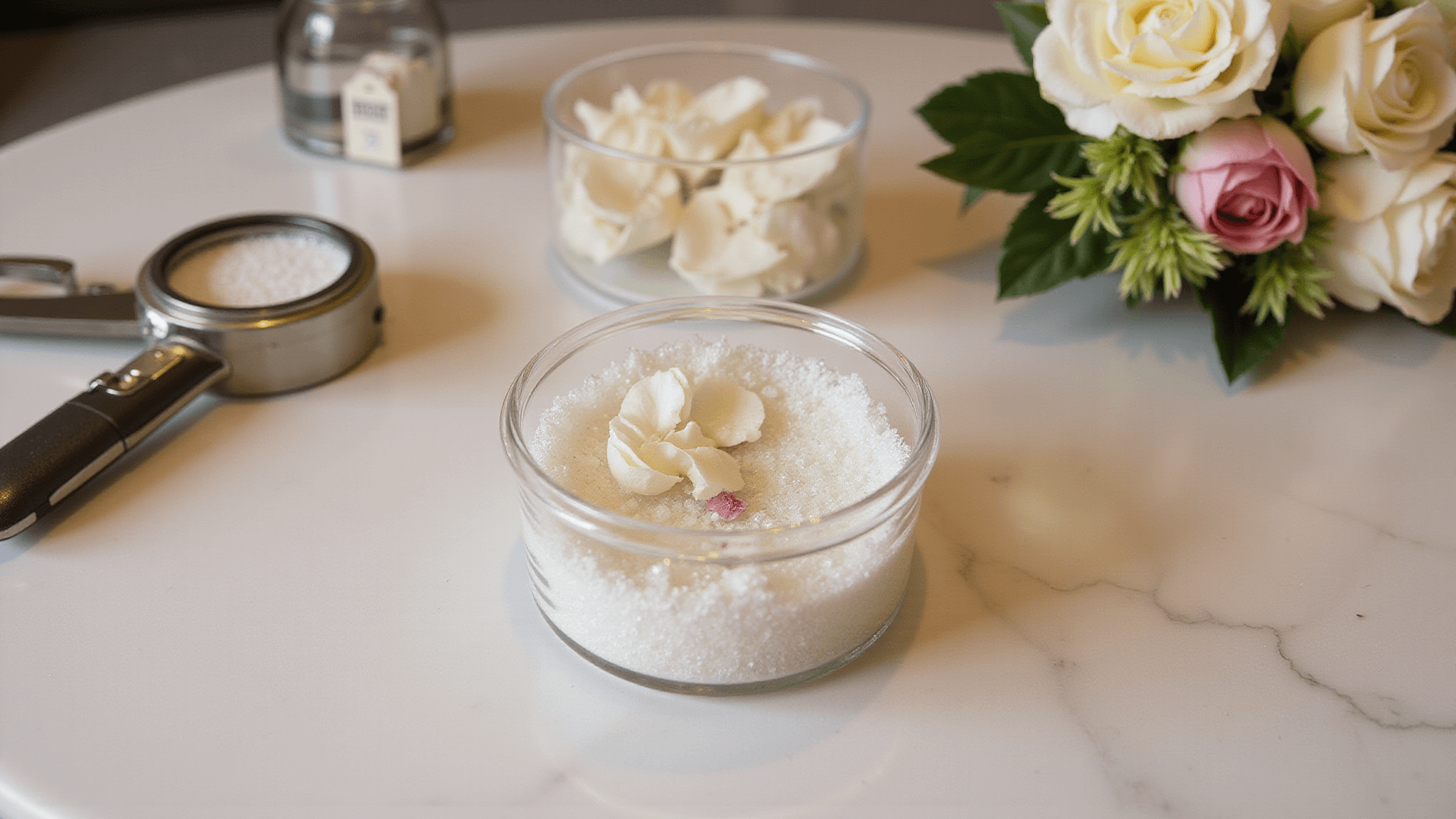 A professional photography setup capturing the intricate process of preserving a wedding bouquet with white roses and blush peonies submerged in crystalline silica gel, featuring soft studio lighting, extreme detail of flower petals and silica granules, and archival-quality preservation tools against a white marble surface.