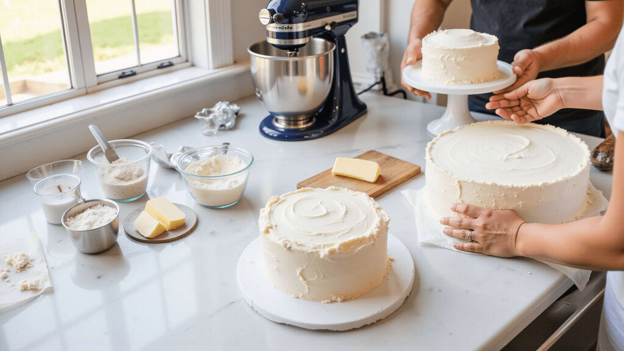 A professional baker prepares a two-tier wedding cake in a warmly-lit kitchen, featuring a marble countertop with organized ingredients. The bottom tier is frosted with silky buttercream, while the baker's hands carefully place the top tier, surrounded by baking tools and decorative equipment.