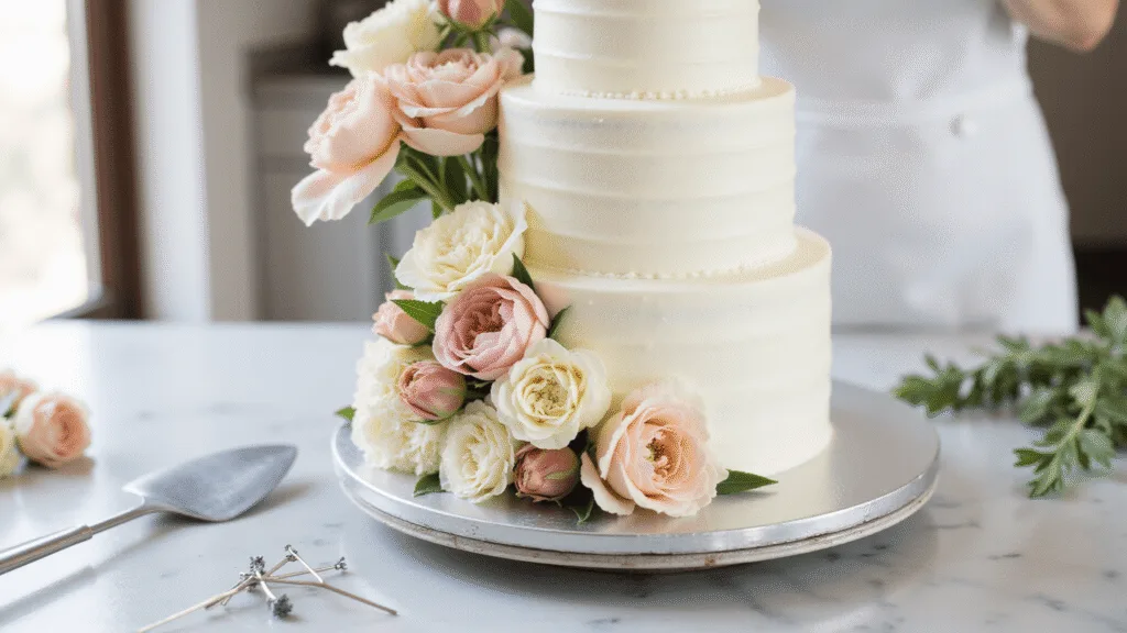 A three-tiered white wedding cake with pearl-white buttercream frosting, adorned with fresh blush pink peonies, cream garden roses, and white hydrangeas, is being assembled on a silver turntable in a bakery workspace, captured in soft natural light with a shallow depth of field highlighting the floral details.