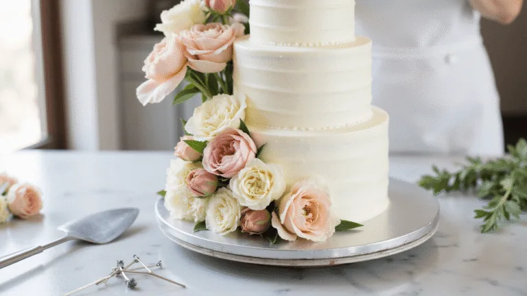 A three-tiered white wedding cake with pearl-white buttercream frosting, adorned with fresh blush pink peonies, cream garden roses, and white hydrangeas, is being assembled on a silver turntable in a bakery workspace, captured in soft natural light with a shallow depth of field highlighting the floral details.
