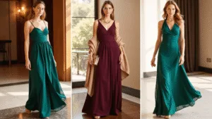 Elegant midi and maxi dresses in rich jewel tones of emerald, sapphire, and burgundy displayed in a luxurious hotel lobby with art deco details, illuminated by soft golden hour lighting, showcasing various textures and accented with minimal gold jewelry and metallic clutches.