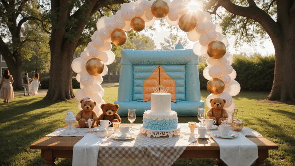 Photorealistic backyard birthday party scene featuring a blue bounce house, balloon arch, vintage picnic table with tea party setup, teddy bears in party hats, a two-tiered cake with buttercream flowers, and activity stations, all bathed in golden hour lighting.