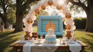 Photorealistic backyard birthday party scene featuring a blue bounce house, balloon arch, vintage picnic table with tea party setup, teddy bears in party hats, a two-tiered cake with buttercream flowers, and activity stations, all bathed in golden hour lighting.