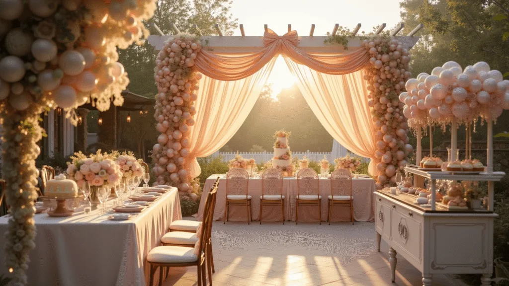 An enchanting garden party scene under a white pergola draped with blush silk, featuring warm golden hour lighting, pastel balloon installations, gilt Chiavari chairs adorned with bows, elaborate floral centerpieces, a vintage dessert cart, and a multi-tiered cake, all beautifully illuminated by twinkling fairy lights in a photorealistic composition.