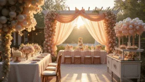 An enchanting garden party scene under a white pergola draped with blush silk, featuring warm golden hour lighting, pastel balloon installations, gilt Chiavari chairs adorned with bows, elaborate floral centerpieces, a vintage dessert cart, and a multi-tiered cake, all beautifully illuminated by twinkling fairy lights in a photorealistic composition.