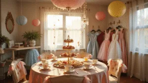 Whimsical toddler tea party in a sunlit living room, featuring a vintage table with a lace tablecloth, colorful teacups, tiered platters of snacks, and playful decorations.