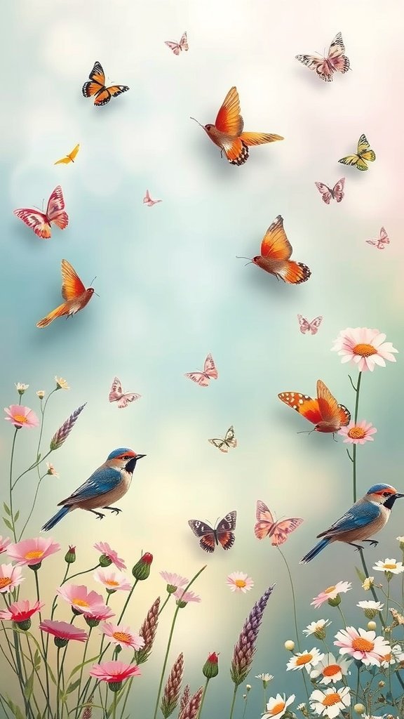 Whimsical wallpaper featuring birds and butterflies in a colorful floral setting.