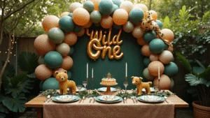 A whimsical jungle-themed birthday party setup featuring a decorated table with gold animal figurines, earth-toned balloon arrangements, and a "Wild One" balloon arch, set in a well-lit backyard with lush greenery and a vibrant tropical mural in the background.