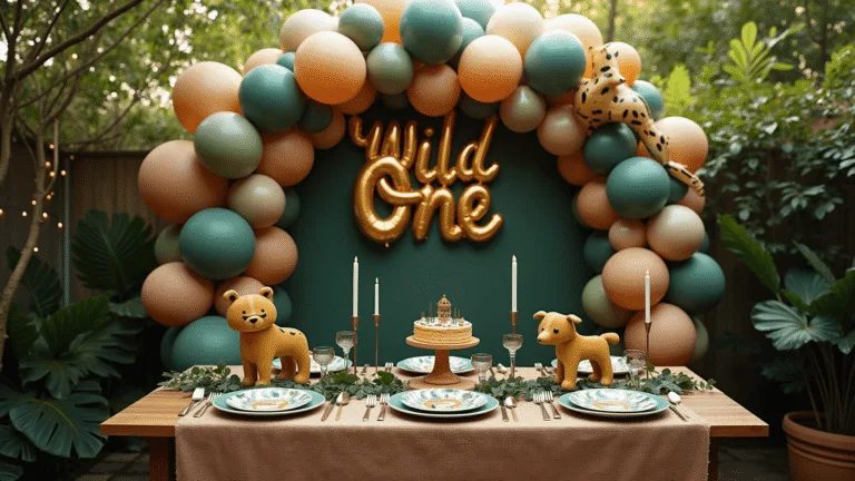 A whimsical jungle-themed birthday party setup featuring a decorated table with gold animal figurines, earth-toned balloon arrangements, and a "Wild One" balloon arch, set in a well-lit backyard with lush greenery and a vibrant tropical mural in the background.
