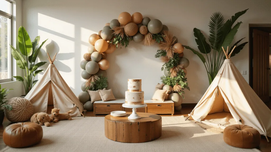 A beautifully decorated modern living room for a 'Wild ONE' safari-themed first birthday party, featuring a neutral-toned balloon arch, grazing table with natural fiber cushions, and a two-tiered fondant cake, all bathed in warm golden hour lighting.