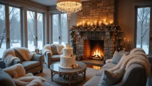 A luxurious living room transformed into a winter wonderland birthday celebration, featuring a roaring fireplace, plush seating, warm ambient lighting, a dessert table with a decorated cake, and gently falling snow visible through large windows.