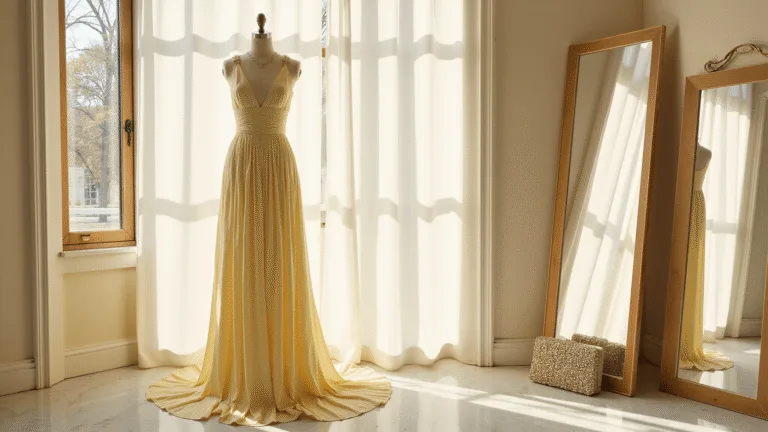 A pale lemon silk maxi dress on a mannequin in a sunlit luxury bridal boutique with floor-to-ceiling mirrors and marble floors, featuring gold accessories and a crystal-embellished clutch, all bathed in warm natural light.