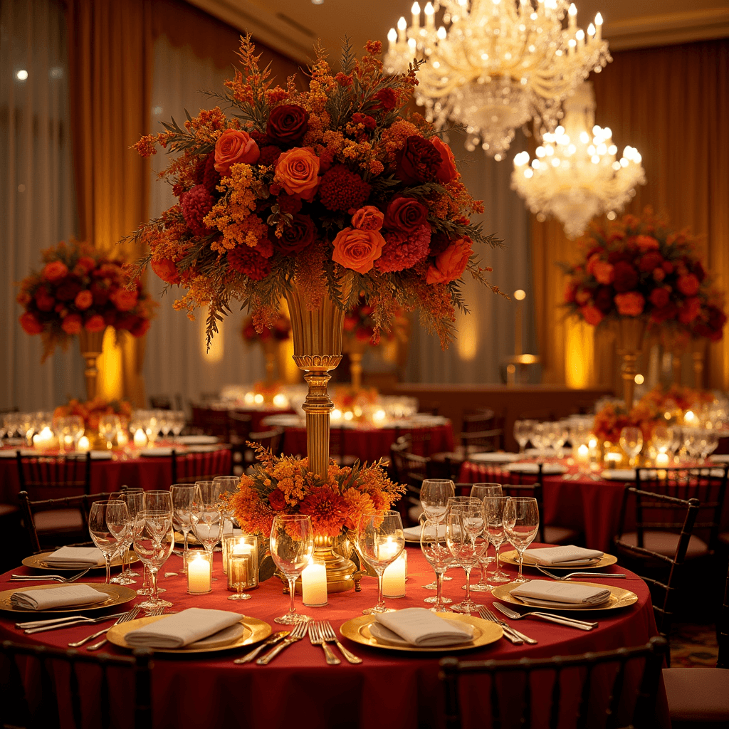 An elegant ballroom for an autumn gala, featuring crystal chandeliers, deep red silk tablecloths, elaborate place settings with gold-rimmed chargers, towering centerpieces of burgundy peonies and orange roses, sheer amber drapery, taper candles in brass holders, and a string quartet on stage.