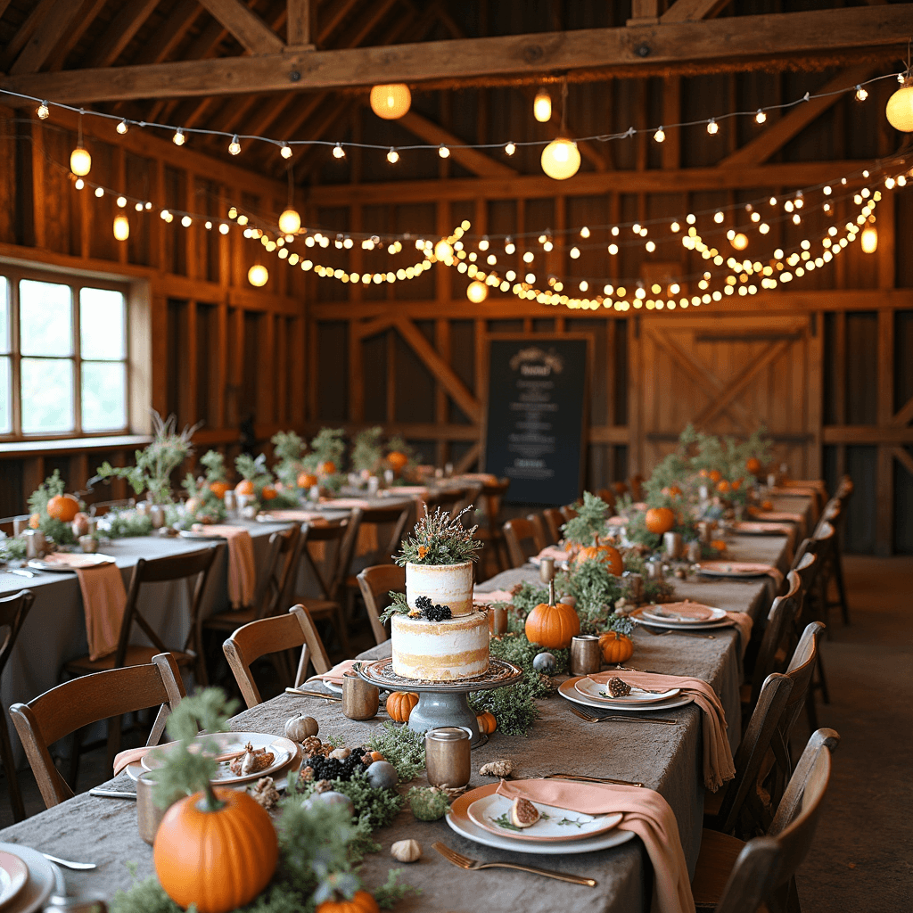 A rustic barn adorned with fairy lights and paper lanterns for a fall harvest celebration, featuring long farm tables with mismatched vintage china, colorful napkins, and centerpieces of hollowed gourds filled with wildflowers, mini pumpkins, and pinecones. A dessert table displays a tiered naked cake with fresh figs and blackberries, while hay bales with cozy blankets provide seating, and a chalkboard menu leans against the barn door.