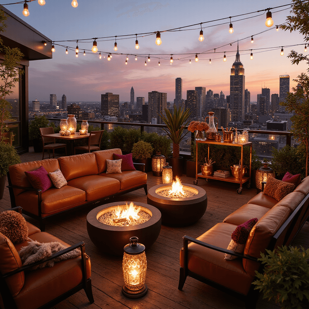 A sophisticated autumn cocktail party on a rooftop terrace, featuring rich cognac leather furniture, copper moscow mule mugs with floral arrangements, a gleaming mobile bar cart, and string lights overhead, with a sunset city skyline in the background.