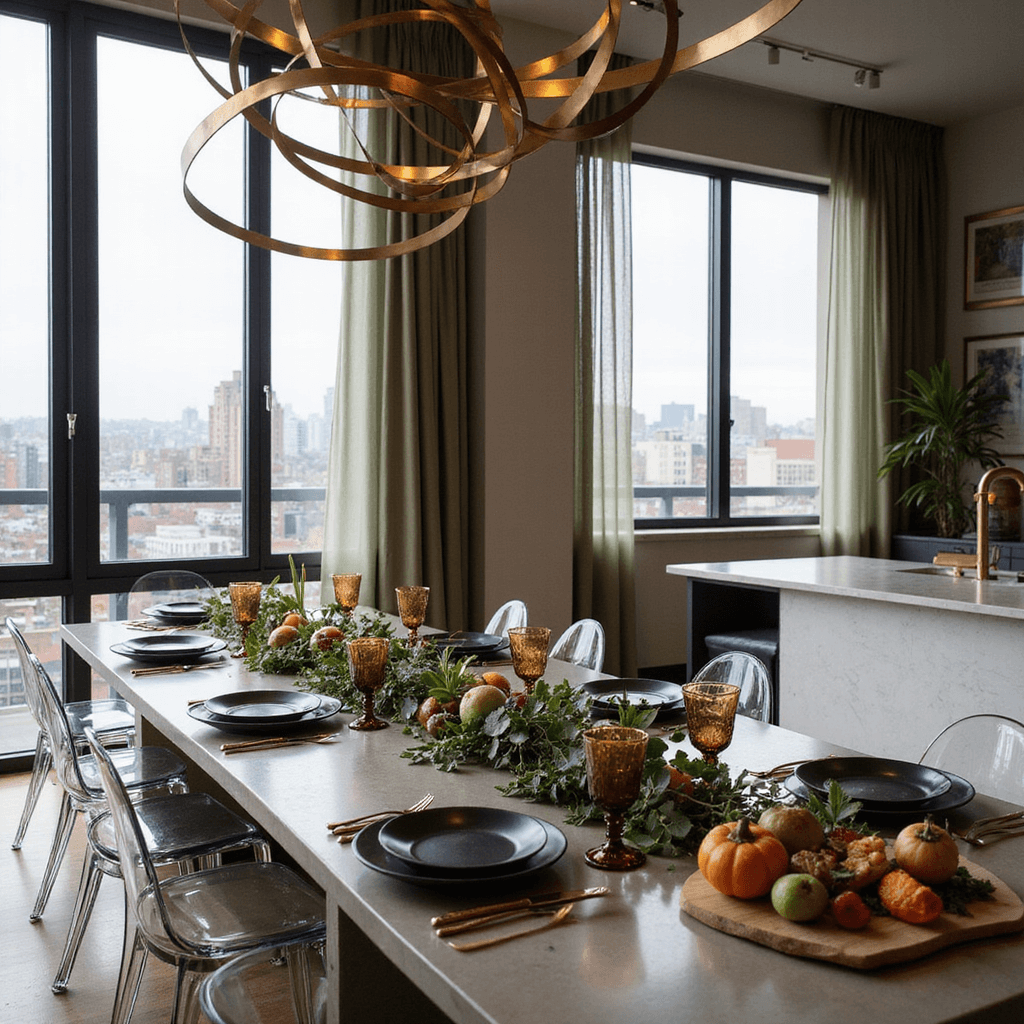 A chic Friendsgiving gathering in a modern apartment's open-concept living area, featuring a polished concrete dining table set with matte black plates and rose gold cutlery, adorned with a eucalyptus and artichoke garland, and ghost chairs. Floor-to-ceiling windows showcase a dusky urban landscape, while a statement brass chandelier hangs overhead. The adjacent kitchen displays a marble island with a vibrant grazing board of autumn fruits and cheeses.