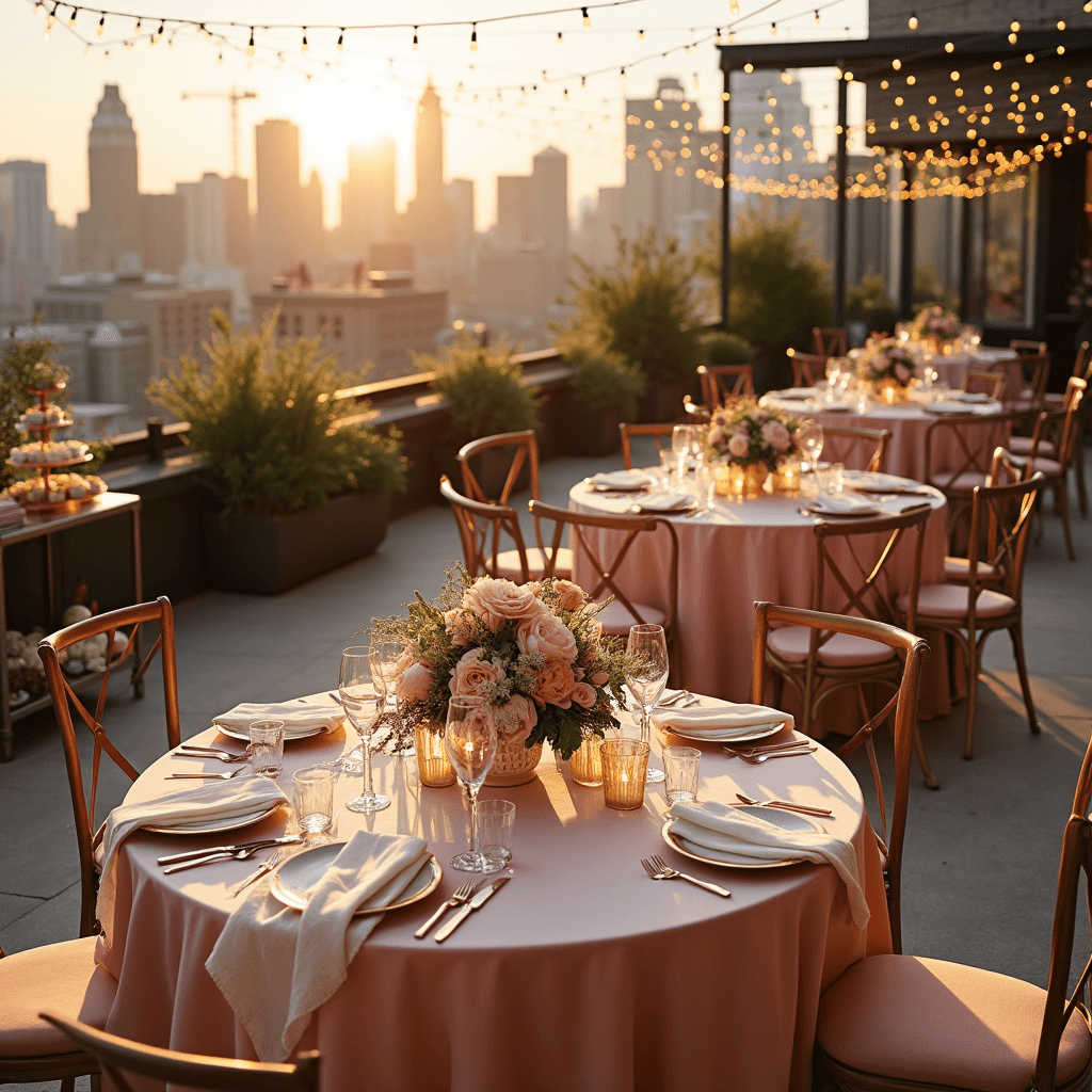 A beautifully set rooftop terrace at sunset, featuring round tables with blush pink linens, elegant floral centerpieces, rose gold cutlery, and crystal champagne flutes, surrounded by a stunning city skyline and twinkling fairy lights.