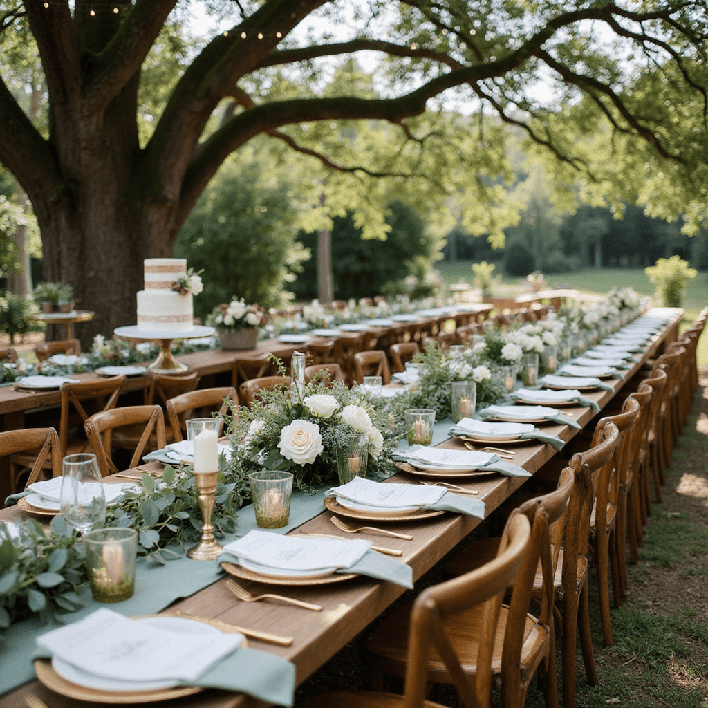 An intimate garden wedding reception featuring long wooden farm tables beneath ancient oak trees, adorned with string lights. The tables are decorated with sage green runners, white plates, gold-rimmed glassware, lush garlands of eucalyptus and white roses, brass candlesticks, and vintage place cards on linen napkins. Wooden cross-back chairs complete the rustic setting, while a nearby dessert table displays a naked cake decorated with figs and berries.