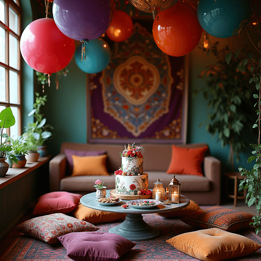 A cozy living room transformed into a whimsical birthday celebration with low tables, plush floor cushions in jewel tones, a tiered birthday cake with fresh flowers, copper lanterns, vibrant textiles, and oversized balloons.