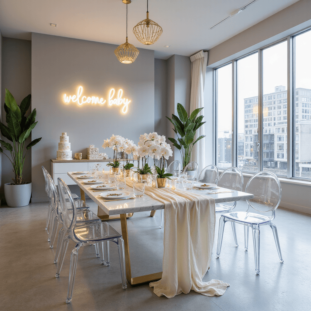 A modern minimalist baby shower in a sleek urban loft, featuring a long marble dining table with ghost chairs, elegant white orchids, geometric gold accents, and a glowing neon "welcome baby" sign against a backdrop of floor-to-ceiling windows with city views.