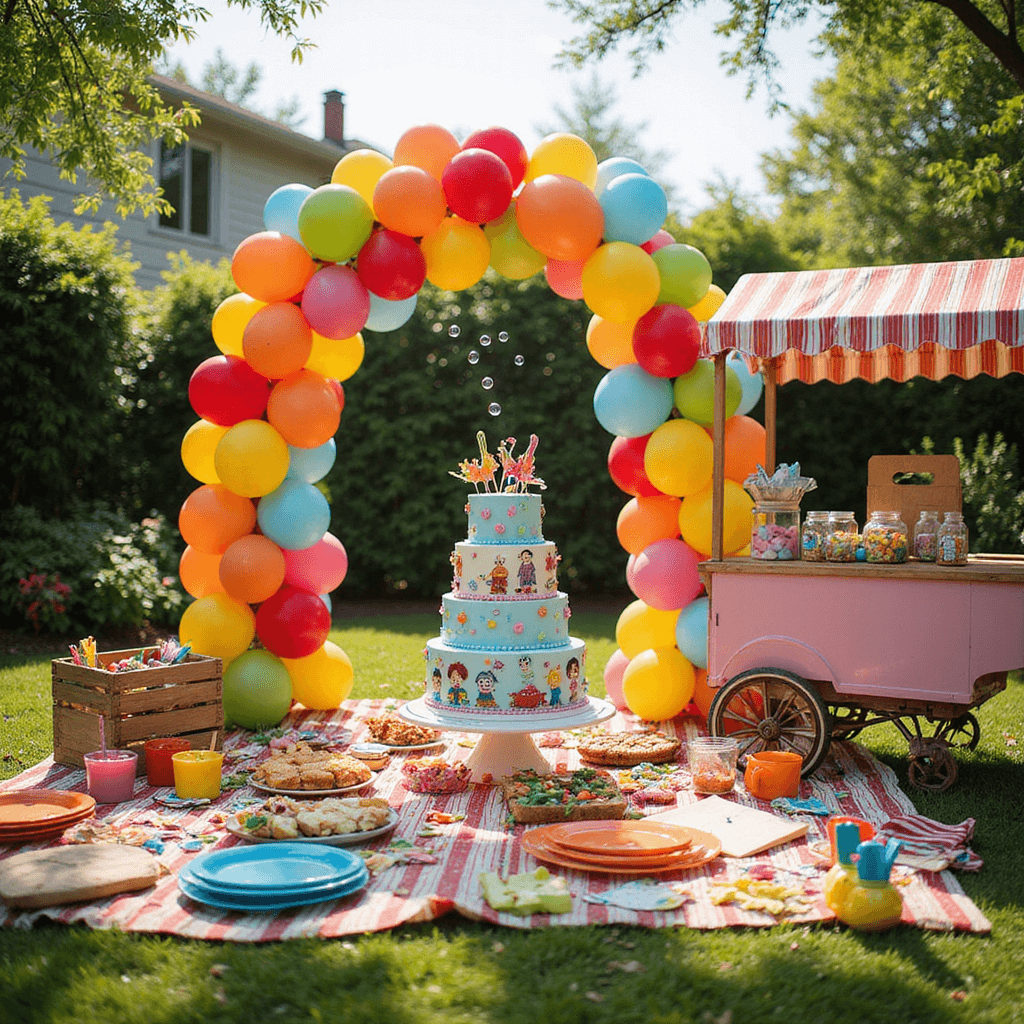 A lively children's birthday party in a sunlit backyard features a rainbow balloon arch, a dessert table with a colorful cake, picnic blankets, bright melamine dishes, a bubble machine, wooden crates of toys, streamers, a craft station with crayons, and a vintage ice cream cart.