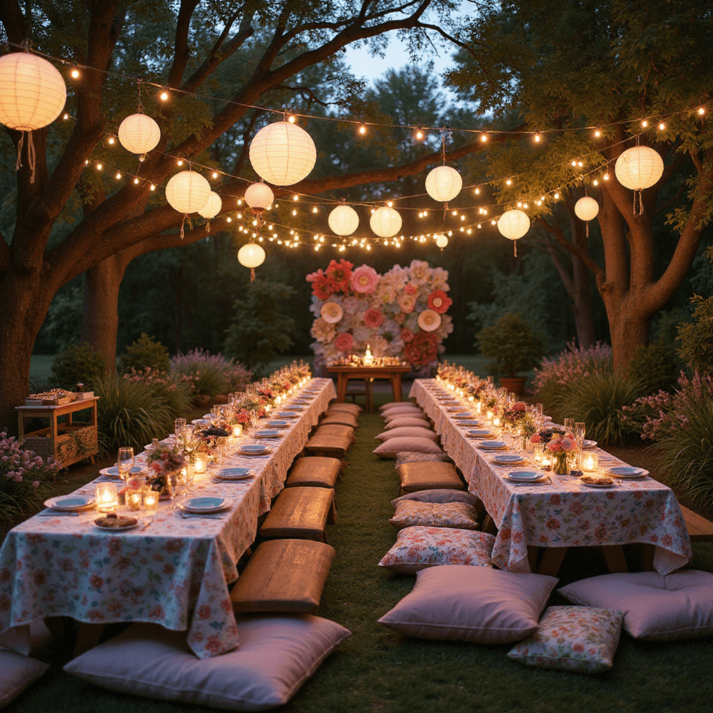 Unforgettable Dinner Party Menus: Your Ultimate Guide to Hosting Like a Pro A whimsical garden party at dusk, featuring lanterns in trees, vintage floral tablecloth-covered picnic tables, colorful glassware, oversized paper flowers, a dessert cart overflowing with pies, and guests relaxing on floor cushions surrounded by a dreamy setting.