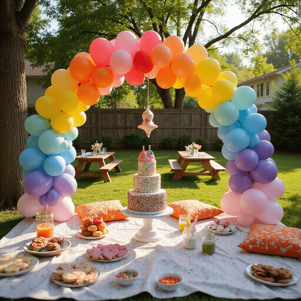Unforgettable Dinner Party Menus: Your Ultimate Guide to Hosting Like a Pro A lively backyard birthday party for children featuring a rainbow balloon arch, a colorful dessert table with funfetti cake and lollipops, cozy seating areas with picnic blankets and cushions, a DIY lemonade stand, and a piñata hanging from a tree, all set in a sunlit atmosphere.