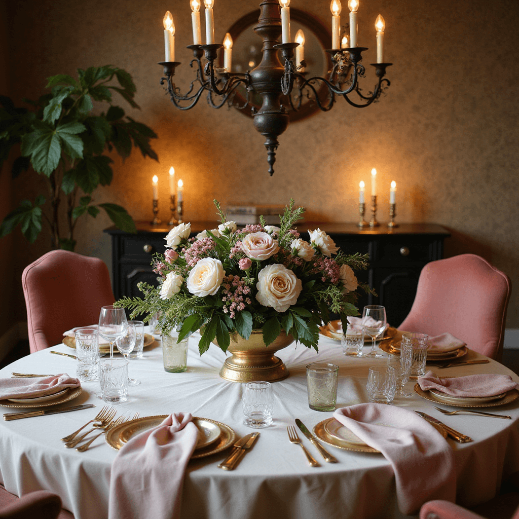 An elegantly set dining table in a cozy living room during golden hour, featuring ivory silk linen, blush pink and cream place settings, a lush floral centerpiece in a brass compote, and warm candlelight from mercury glass votives, all enhanced by a stunning chandelier overhead.
