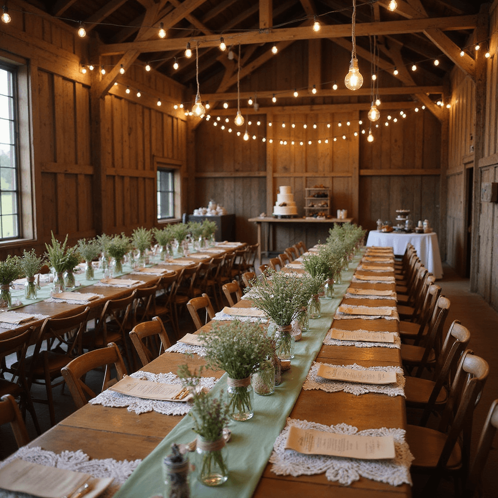 A rustic barn wedding reception at twilight featuring long wooden tables with sage green runners, ivory lace overlays, and vintage china, illuminated by Edison bulbs, with wildflower centerpieces and a dessert table showcasing a naked cake.